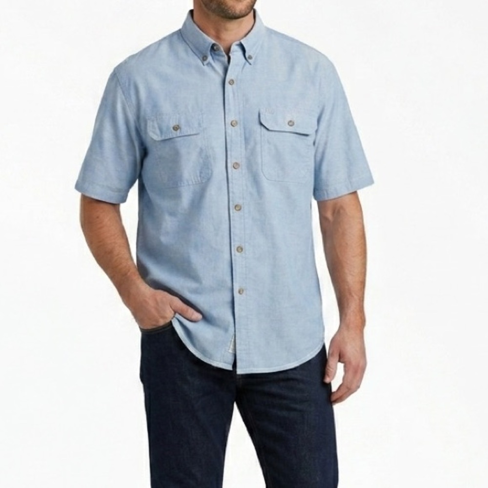 Tall CARHARTT Blue Chambray Fort Short Sleeve Button Down Cotton Work Shirt XL
